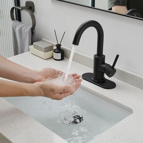 Black Bathroom Faucet 1 Hole,Wet Bar Sink Faucet with Pop-Up Drain,Stainless Steel Single Handle Small Kitchen Faucet with 4 in Deck Plate,360°Swivel Faucet for Farmhouse Vanity Sink Lavatory and RV - color: Black, style: Rotatable