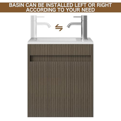 wonline 16" Small Bathroom Vanity Sink Combo Modern Wall Mounted Floating Cabinet W/Resin Basin Sink Top, Chrome Water Save Faucet & Pop Up Drain - color: Brown Wood Grain