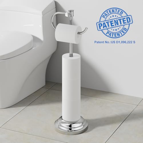 RUMOSE Toilet Paper Holder Stand for Floor Free Standing, Chrome | Bathroom Freestanding Toilet Tissue Roll Holder with Storage, Adjustable 17-25 Inch, Rustproof, SUS304 Stainless Steel - color: Chrome