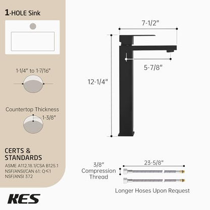 KES Bathroom Faucet Black Vessel Sink Faucet cUPC Certified, Single Hole Tall Bathroom Faucet Stainless Steel, L3156BLFF12-BK - color: Black, style: NO Drain - TALL Faucet for Vessel Sink