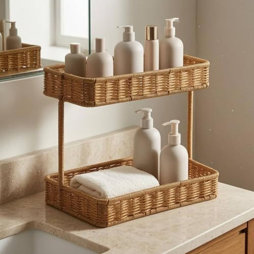 Two Tier Storage Rack Woven Rattan Storage Rack Thickened Edges Countertop Organizer for Vanity Table, Small, Widened Lower Layer - size: Small, Widened Lower Layer