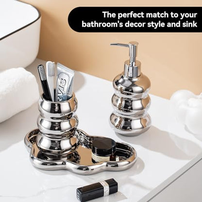 Silver Bathroom Accessory Set, 3-Piece Ceramic Bath Accessories Set with Tray, Lotion Dispenser, and Tumbler - color: Silver