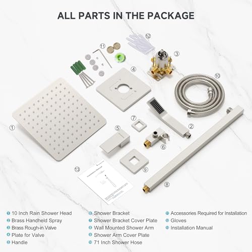 SR SUN RISE Shower Faucet Set & System - 10 Inch Rainfall Shower Head & Handle Set Wall Mounted Brushed Nickel Solid Brass Valve Trim Kit Included - color: Brushed Nickel, size: 10 Inch