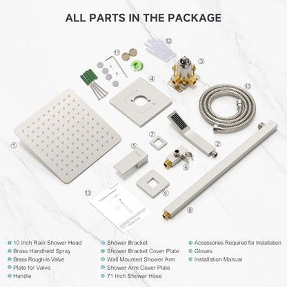 SR SUN RISE Shower Faucet Set & System - 10 Inch Rainfall Shower Head & Handle Set Wall Mounted Brushed Nickel Solid Brass Valve Trim Kit Included - color: Brushed Nickel, size: 10 Inch