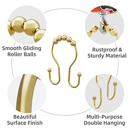 Bathway Gold Shower Curtain Hooks, Shower Curtain Hook Shower Curtain Rings Rust Proof Smooth Double Shower Curtain Hooks, Shower Hooks for Shower Curtain Bathroom Shower Rod Hook 12 Pcs - color: Gold