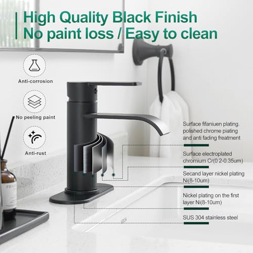 VOTON Bathroom Faucets Matte Black 1 Hole Waterfall with Drain & Deck Plate | Waterfall Spout | Matte Black | Lead-Free SUS 304 | Pop-Up Drain | 1/3 Hole Install | 6 in Deck Plate - color: Black