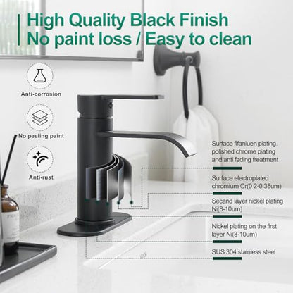 VOTON Bathroom Faucets Matte Black 1 Hole Waterfall with Drain & Deck Plate | Waterfall Spout | Matte Black | Lead-Free SUS 304 | Pop-Up Drain | 1/3 Hole Install | 6 in Deck Plate - color: Black