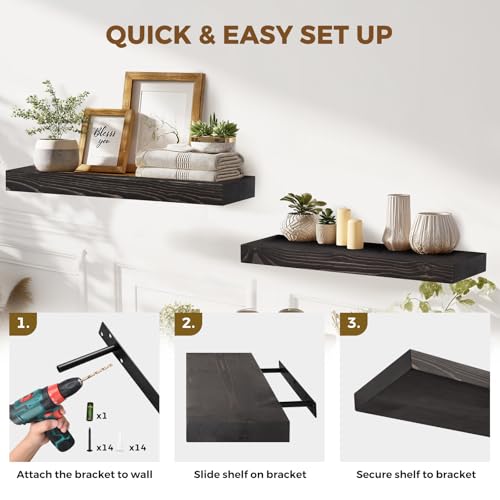 Solid Wood Floating Shelves, 24 Inch Wall Shelves, Set of 2, Black | 8 Inch Deep, 1.6 Inch Thick, Extra-Wide Display Space, Mounting Hardware Included, For Kitchen, Bathroom and Living Room - color: Black, size: 24x8x1.6