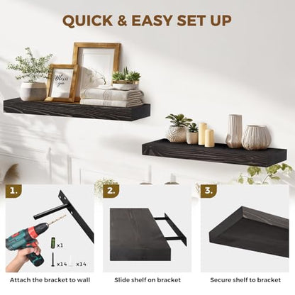 Solid Wood Floating Shelves, 24 Inch Wall Shelves, Set of 2, Black | 8 Inch Deep, 1.6 Inch Thick, Extra-Wide Display Space, Mounting Hardware Included, For Kitchen, Bathroom and Living Room - color: Black, size: 24x8x1.6