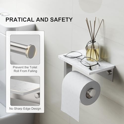 Brushed Nickel Toilet Paper Holder with Marble Shelf Tissue Roll Holder | 304 Stainless Steel Wall Mounted Toilet Paper Roll Holder Screw-Mounted Tissue Holder for Bathroom Washroom by BATHLAVISH - color: Brushed Nickel