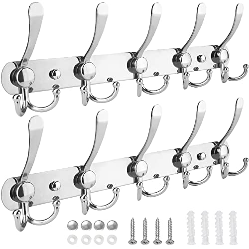 TICONN Wall Mounted Coat Rack, Five Heavy Duty Tri Hooks All Metal Construction for Jacket Coat Hat in Mudroom Entryway (Chrome, 2-Pack) - color: Chrome