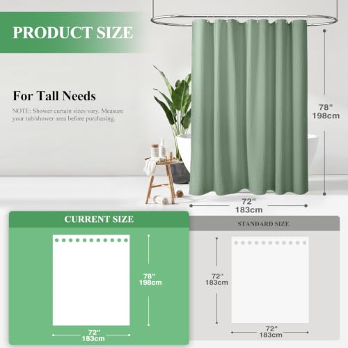 Long Waffle Shower Curtain 256 GSM Heavy Fabric 72x78 Sage Green | 78 Inch Long, Thick Cloth, Weighted Hem, Water Repellent, Tall Hotel Luxury Polyester Shower Curtains for Bathroom 12 Hooks - color: A. Sage Green, size: 72"W x 78"L (Pack of 1)