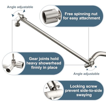 BRIGHT SHOWERS 15 Inch Extra Long Shower Head Extension Arm, Solid Brass Shower Arm Extender with Locking Screw for Rain and Handheld Showerhead, Height & Angle Adjustable, Brushed Nickel - color: Brushed Nickel, style: 15 Inch