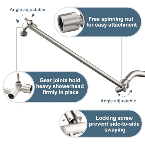 BRIGHT SHOWERS 15 Inch Extra Long Shower Head Extension Arm, Solid Brass Shower Arm Extender with Locking Screw for Rain and Handheld Showerhead, Height & Angle Adjustable, Brushed Nickel - color: Brushed Nickel, style: 15 Inch