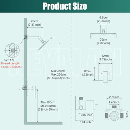 Heyalan 8-Inch Square Rain Shower Faucet Set with Valve, Matte Black | SUS304 stainless steel shower head, male NPT 1/2-inch valve, single-handle control, adjustable angle, 1.8 GPM - color: Black