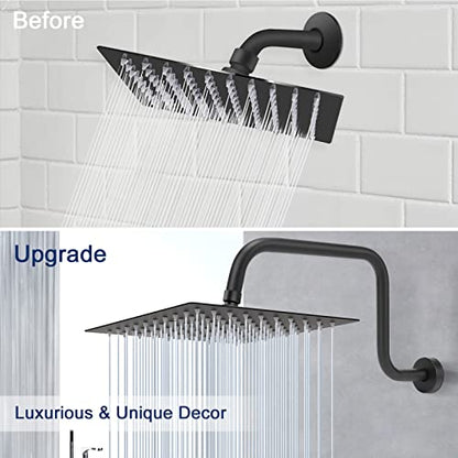 NearMoon S Shape Shower Extension Arm with Flange, Stainless Steel High Rise Shower Head Extender Pipe, Horizontal Extension Standard 1/2" Connection- Bathroom Accessory, 16 Inch (Matte Black)