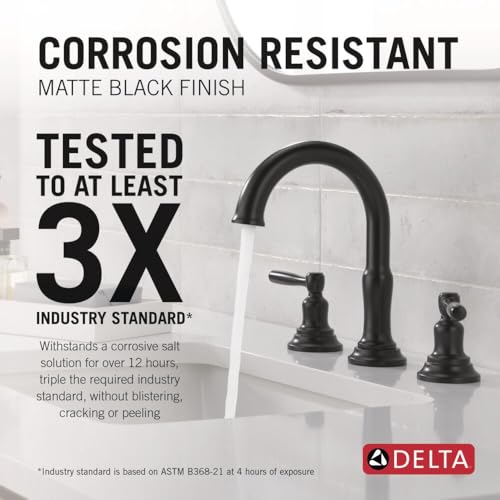 Delta Roe Matte Black Bathroom Faucet 3 Hole, 8 Inch Widespread Bathroom Sink Faucet for Vanity, Push-Pop Drain Assembly, Matte Black 35985LF-BL - color: Matte Black
