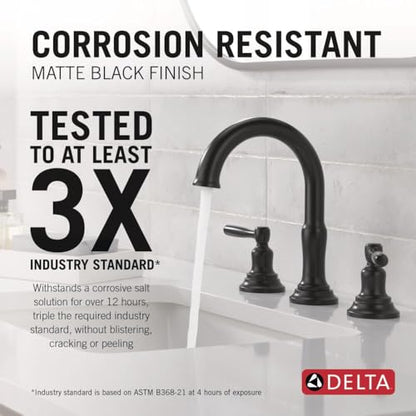 Delta Roe Matte Black Bathroom Faucet 3 Hole, 8 Inch Widespread Bathroom Sink Faucet for Vanity, Push-Pop Drain Assembly, Matte Black 35985LF-BL - color: Matte Black