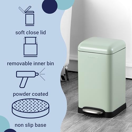 happimess Betty Retro Mini 3.2 Gal Step Trash Can, Pistachio Gelato | Soft-Close Lid, Removable Liner, Iron, Hands-Free Pedal, Satin Finish, Non-Skid Base, Built-In Damper, Modern, Minimalistic - color: Pistachio Gelato