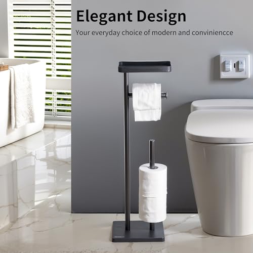 Clasin Home Black Toilet Paper Holder Stand with Metal Top Shelf, Free Standing Bathroom Tissue Roll Holder with Weighted Base and Storage for 4 Rolls - color: Black