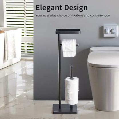 Clasin Home Black Toilet Paper Holder Stand with Metal Top Shelf, Free Standing Bathroom Tissue Roll Holder with Weighted Base and Storage for 4 Rolls - color: Black