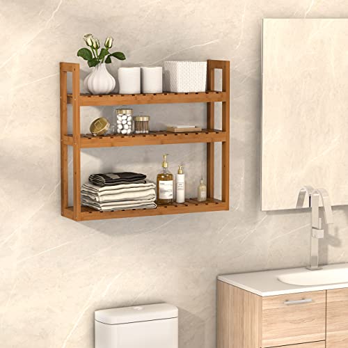 Domax Bamboo Bathroom Shelf 3-Tier Wall Mount Storage Rack Multifunctional Adjustable Layer Free Standing Over Toilet Utility Shelves Living Room Kitchen (Walnut) - color: Walnut