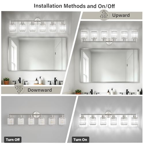 6 Light Bathroom Light Fixtures, Modern Crystal Vanity Lights over Mirror | Metal Frame, Bathroom Light with Square Crystal Shade, ETL Certified, E26 Ceramic Socket, Bulbs Not Included - color: Brushed Nickel, size: 6-Light