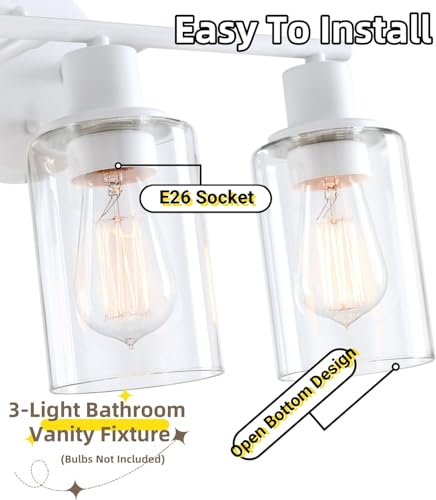 WISBEAM 3-Light Bathroom Vanity Wall Light, White Bathroom Light Fixtures Over Mirror with Clear Glass Shade Including E26 Medium Base, Bulb NOT Included - color: White, size: VNT004