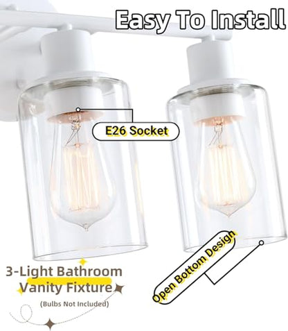 WISBEAM 3-Light Bathroom Vanity Wall Light, White Bathroom Light Fixtures Over Mirror with Clear Glass Shade Including E26 Medium Base, Bulb NOT Included - color: White, size: VNT004