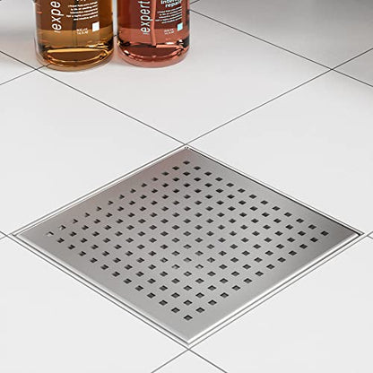 Neodrain 8 in Brushed Square Shower Drain with Quadrato Pattern Grate | 304 Stainless Steel Square Drain for bathroom, with Hair Strainer and Lifting Hook,Waterproof & Durable, CUPC Certified - color: Stainless, size: 8 IN