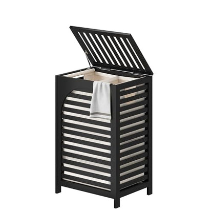 Laundry Hamper with Lid (16.9 * 13 * 26.5inches) Large Bamboo Laundry Bin Basket 85L Clothes Hamper with 1 Removable Bag Storage baskets for Bathroom(Black) - color: Black