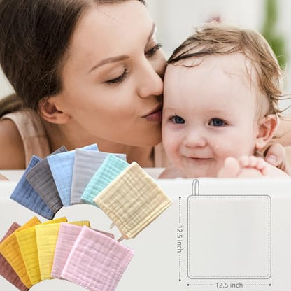 Colorful Baby Washcloths - Muslin Cotton Wash Cloths for Babies, Ultra Soft Newborn-Toddler-Infant-Child Washcloths Burp Cloths.12 Pack Face Bath Towels Reusable for Unisex Baby.
