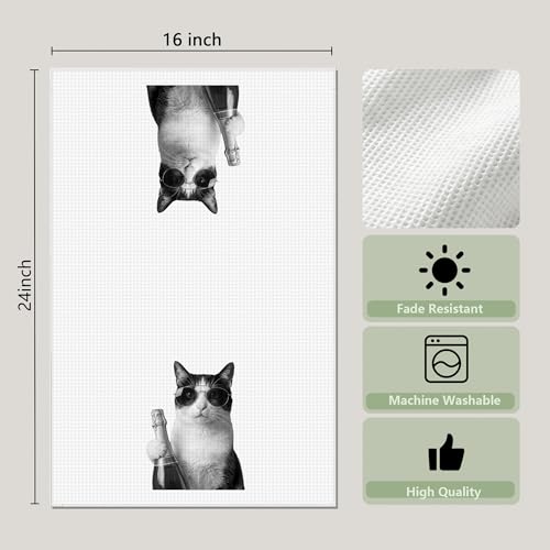 Funny Tuxedo Cat Wine Kitchen Dish Towels Set of 2- Tuxedo Cat Gifts, Gifts for Wine Lovers, Black and White Kitty Kitten Hand Tea Towels for Home Bar Kitchen, 16x24 Inches-041 - color: Wcolor 006