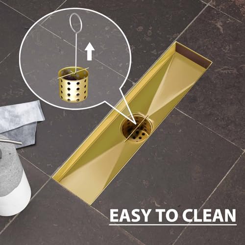 SaniteModar Linear Shower Drain 12 inch Brushed Gold with Square Hole Panel | AISI 304 Stainless Steel Brushed Gold Linear Dain Rectangle Shower Floor Drain with Hair Strainer and Leveling Feet - color: Brushed Gold, size: 12 Inch