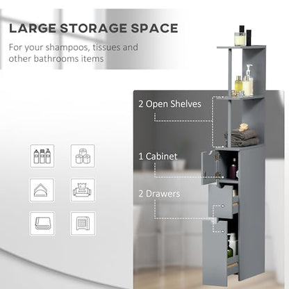 HOMCOM 54" Tall Bathroom Storage Cabinet, Freestanding, 2-Tier Shelf, Grey | Linen Tower, Drawers, Narrow Side Floor Organizer - color: Grey