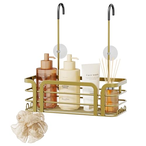 SWTYMIKI Shower Caddy Hanging Organizer - Over the Door Shower Caddy with 6 Hooks, 2 Installation Ways, Stainless Steel Rustproof Bathroom Organizer, Gold Small - color: Gold-1 tier