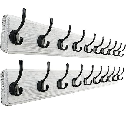SKOLOO Rustic Wall Mounted Coat Rack, Case of 2, Pine Solid Wood Coat Hook Hanger - 10 Hooks for Hanging Clothes Robes Towels Coats - color: White Plate & Black Hook, size: 2 Item-10 Hooks