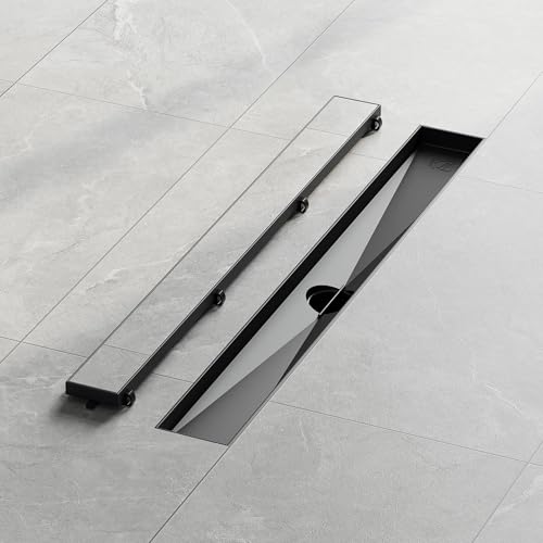 Neodrain 24" Shiny Black Linear Shower Drain,2-in-1 Flat& Tile Insert Cover | 304 Stainless Steel,Fast Drainage, Durable,Rectangle Shower Floor Drain with Adjustable Feet,Hair Strainer,Fits Bathrooms - color: Shiny Black, size: 24 In
