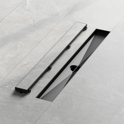 Neodrain 24" Shiny Black Linear Shower Drain,2-in-1 Flat& Tile Insert Cover | 304 Stainless Steel,Fast Drainage, Durable,Rectangle Shower Floor Drain with Adjustable Feet,Hair Strainer,Fits Bathrooms - color: Shiny Black, size: 24 In
