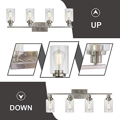 MELUCEE Bathroom Light Fixtures Brushed Nickel 4 Heads with Clear Glass | Modern Vanity Lights Wall Sconce with Clear Glass Shade for Hallway Kitchen Bedroom Living Room (Patent No.: US D963914 S) - color: Brushed Nickel, size: 4-Light