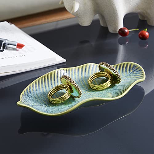 11" Green Ceramic Leaf Decorative Tray, Reactive Glaze Stoneware | Decorative Bowl, Handcrafted, Leaf-Shaped, For Entryway Table, Room Décor