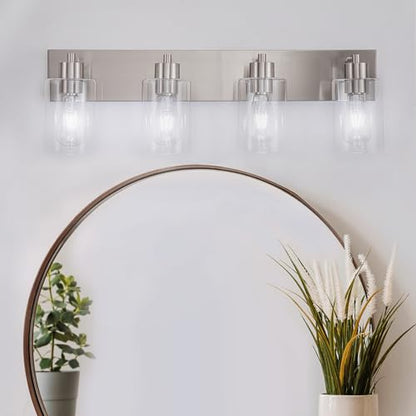 4-Light Brushed Nickel Bathroom Vanity Lights, Clear Glass | Brushed Nickel Metal Frame,Up/Down Wall Mount,cylinder Glass Shade,Kitchen Hallway Bedroom Indoor Use,Easy Install,E26 Base - size: 4-light