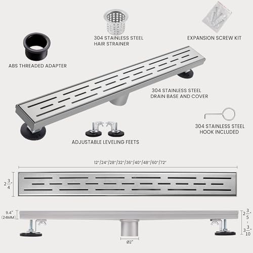 Linear Shower Drain, 28" Brushed Nickel, Easy to Install & Clean | Including Hair Catcher & Removable Grate, Fits No-hub System, 304 Stainless Steel(Drain Base Not Included) - color: Brushed Nickel, size: 28 inch
