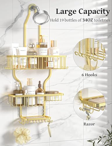 Never Rust Shower Caddy Hanging, Aluminum Shower Racks for Inside Shower, 3-Tier Shower Organizer Hanging Over Shower Head with Hooks and Soap Holder, Gold - color: Gold