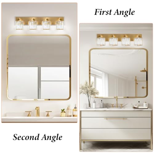 Gold Crystal Bathroom Vanity Light, 4-Light Modern Bathroom Lighting Fixtures Over Mirror,Chrome Wall Sconce Light Fixtures with Square Shade - color: Gold-Square Shade, size: 4-LIGHT