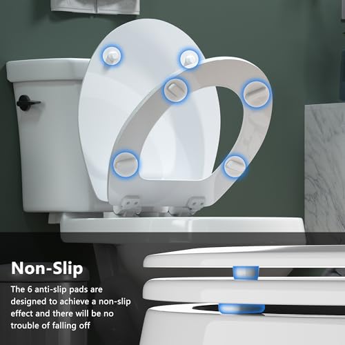 Round Toilet Seat Angol Shiold Quiet-Close Molded Wood Toilet Seat with Non-Slip Adjustable Hinges, Anti-Pinch Bumpers, Easy Install & Clean（White, Round 16.5''） - color: White, size: Round 16.5‘’