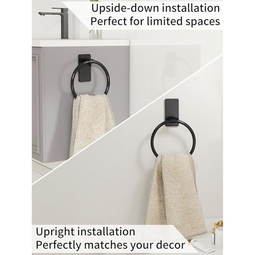 Strong Adhesive Towel Rings for Bathroom Wall Mounting Hand Towel Holder with Large Base Strong Sticky Hook Stick on Hook - color: Black