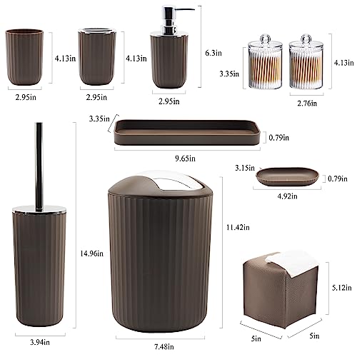 Bathroom Accessory Set, 10 Piece Brown Bathroom Set Complete | Includes Trash Can, Soap Dispenser, Toothbrush Holder, Soap Holder, Tumbler, Toilet Brush, Tray, Qtip Holders, Tissue Cover - color: Brown