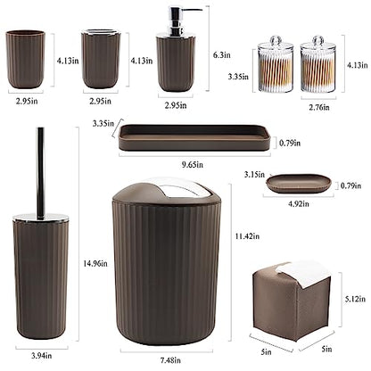 Bathroom Accessory Set, 10 Piece Brown Bathroom Set Complete | Includes Trash Can, Soap Dispenser, Toothbrush Holder, Soap Holder, Tumbler, Toilet Brush, Tray, Qtip Holders, Tissue Cover - color: Brown