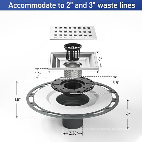 Square Shower Drain w/PVC Bonding Flange Base, 6" Brushed | 304 Stainless Steel Drain w/ Drain Key for Low Profile Shower Tiles, CUPC Certified - color: Brushed6"